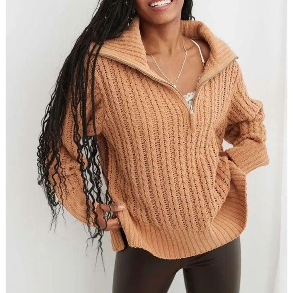 Aerie Cable Car Quarter Zip Sweater, Tan, Size XXL